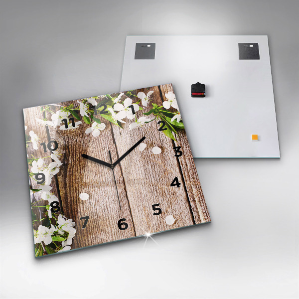 Square glass wall clock Flowers on wood