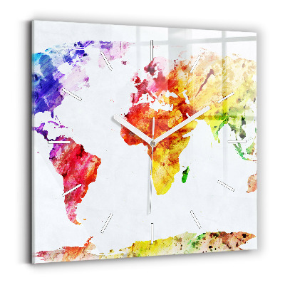 Square glass wall clock Watercolor world map
