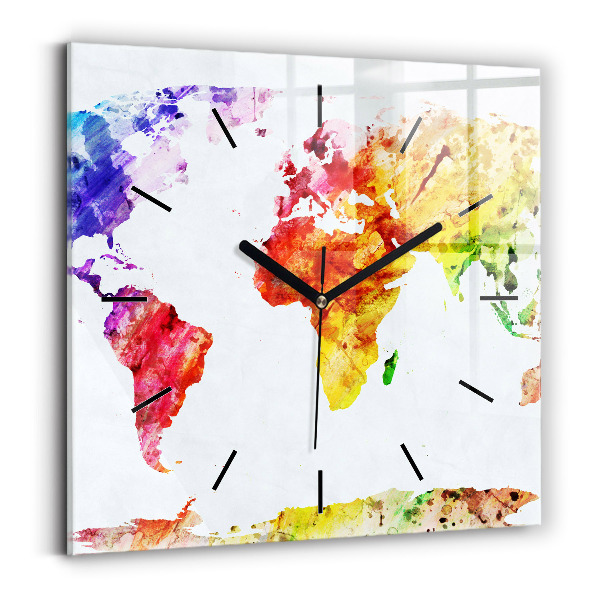 Square glass wall clock Watercolor world map