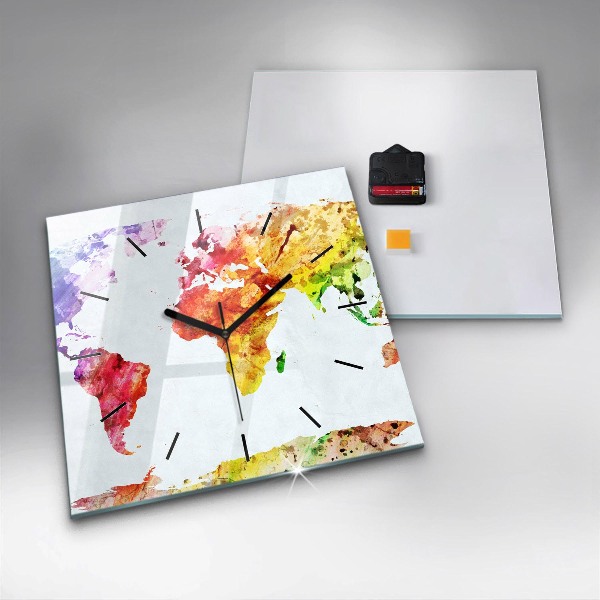 Square glass wall clock Watercolor world map