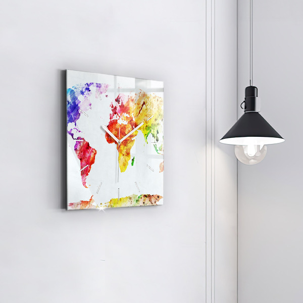 Square glass wall clock Watercolor world map