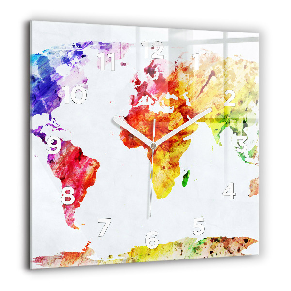 Square glass wall clock Watercolor world map
