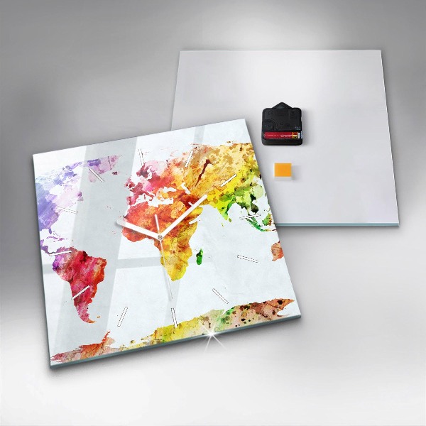Square glass wall clock Watercolor world map