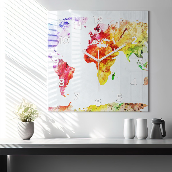 Square glass wall clock Watercolor world map