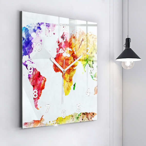 Square glass wall clock Watercolor world map
