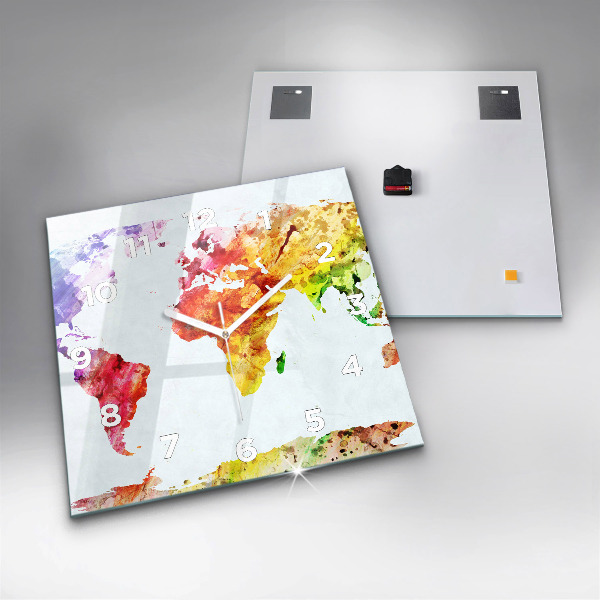 Square glass wall clock Watercolor world map