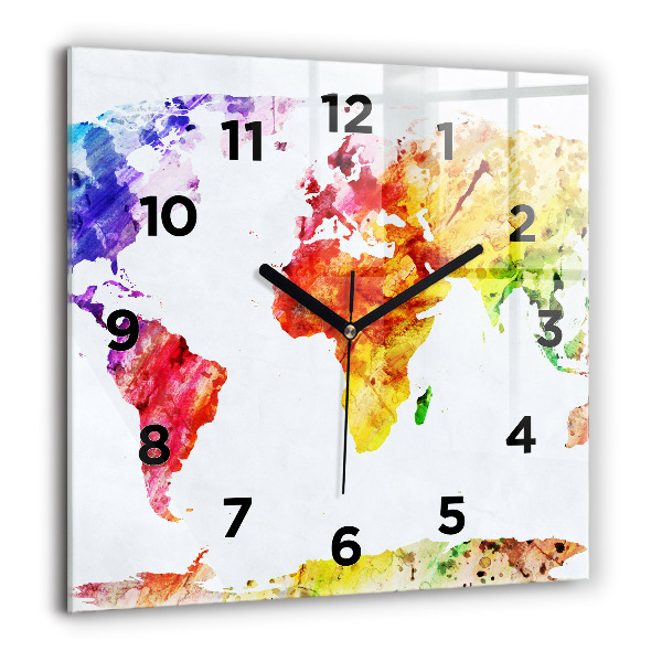 Square glass wall clock Watercolor world map