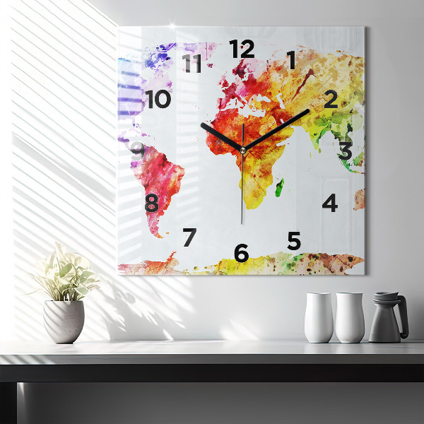 Square glass wall clock Watercolor world map