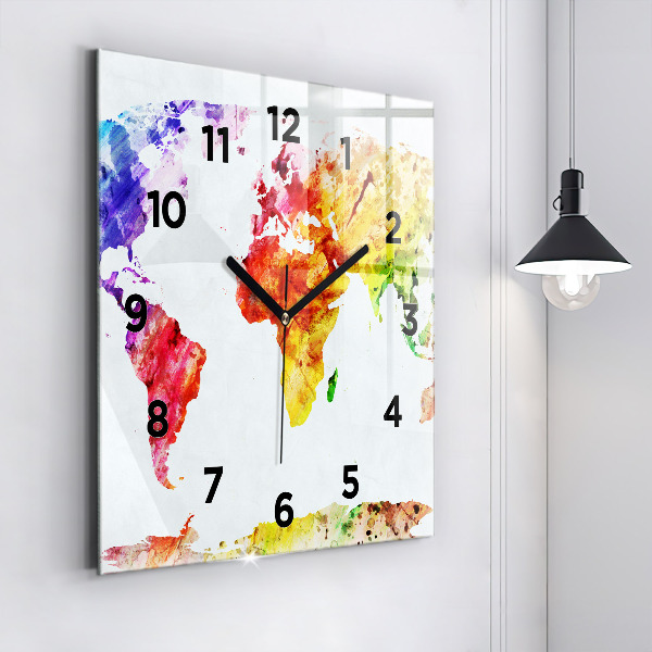 Square glass wall clock Watercolor world map