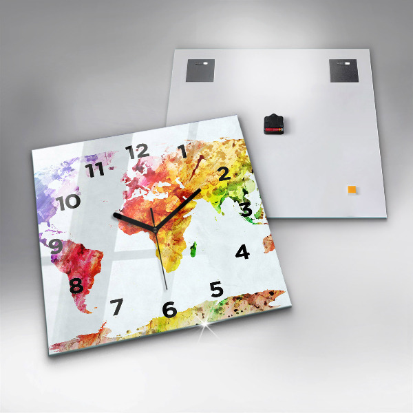 Square glass wall clock Watercolor world map