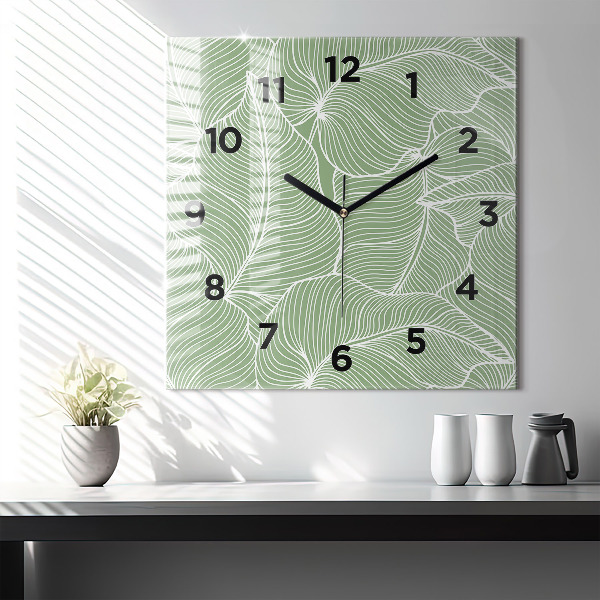 Square glass wall clock Leaves nature pattern