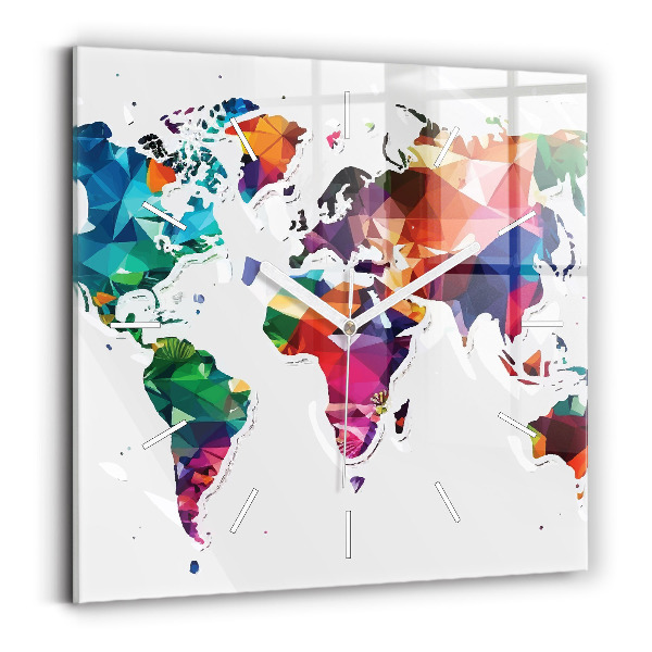 Square glass wall clock World map triangles