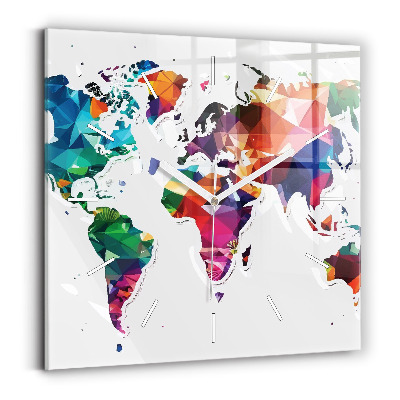 Square glass wall clock World map triangles