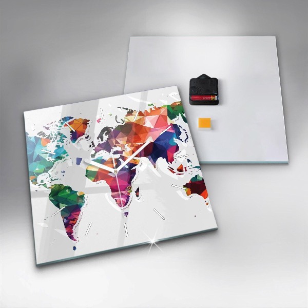 Square glass wall clock World map triangles
