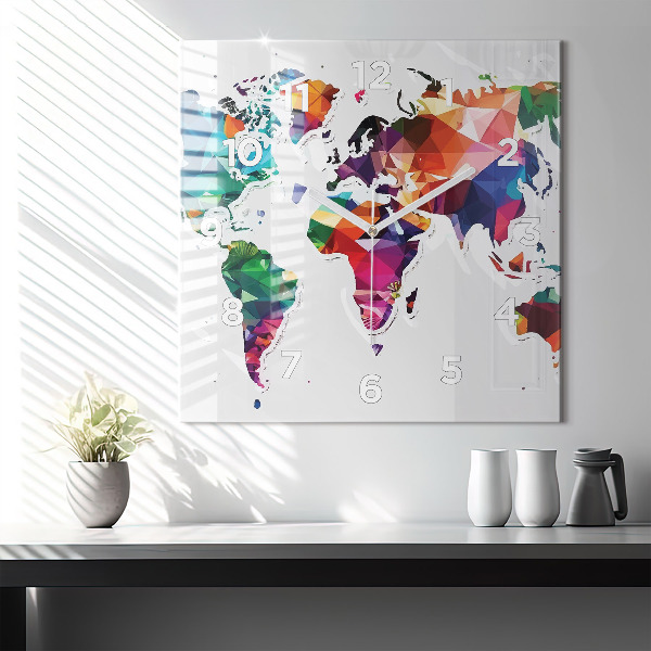 Square glass wall clock World map triangles