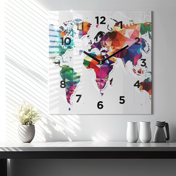 Square glass wall clock World map triangles