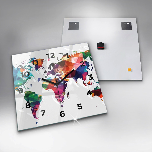 Square glass wall clock World map triangles
