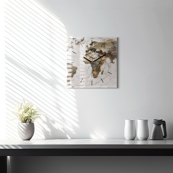 Square glass wall clock Old world map