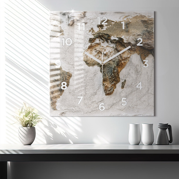 Square glass wall clock Old world map
