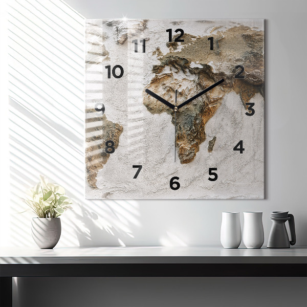 Square glass wall clock Old world map