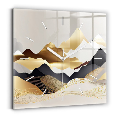 Square glass wall clock Abstract golden mountains
