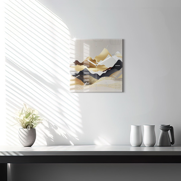 Square glass wall clock Abstract golden mountains