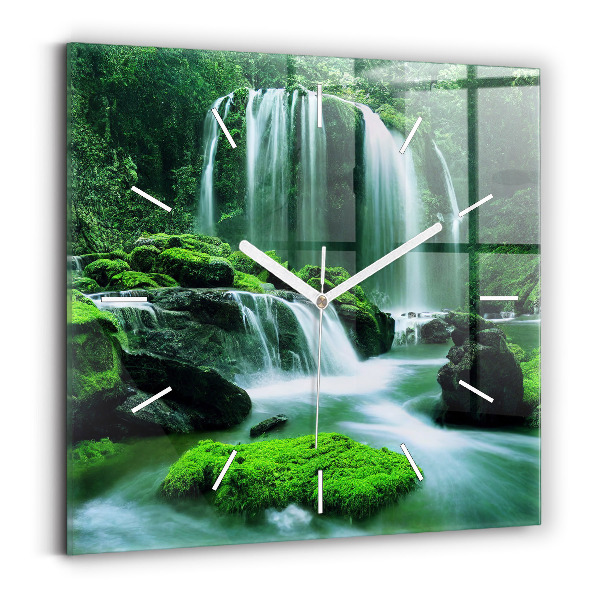 Square glass wall clock Waterfall among the moss