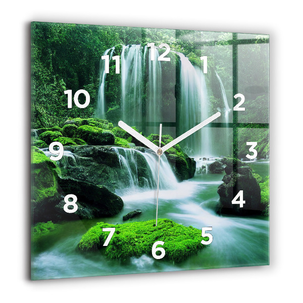 Square glass wall clock Waterfall among the moss