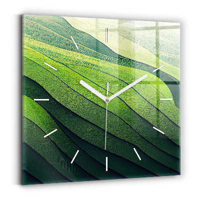 Square glass wall clock Green fields abstract