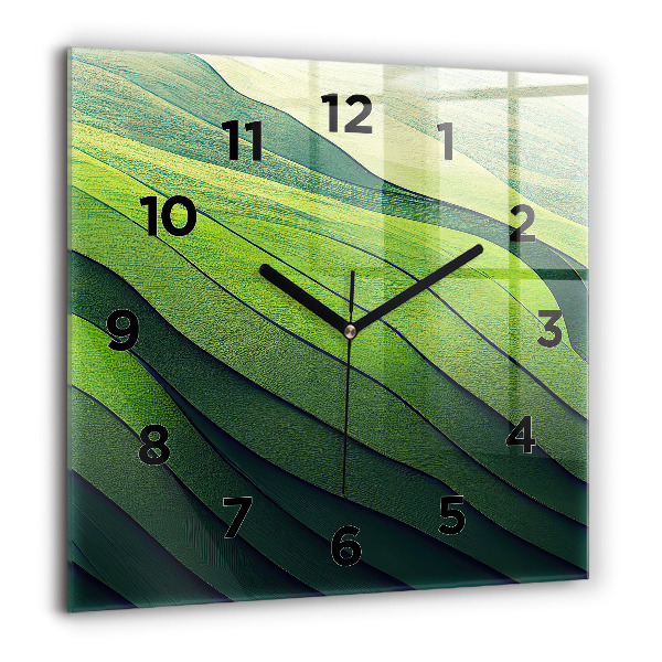 Square glass wall clock Green fields abstract