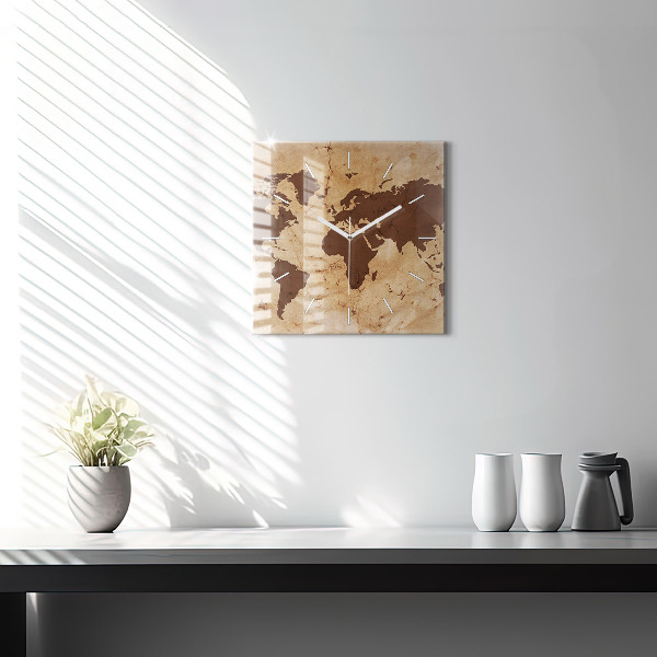 Square glass wall clock Vintage world map
