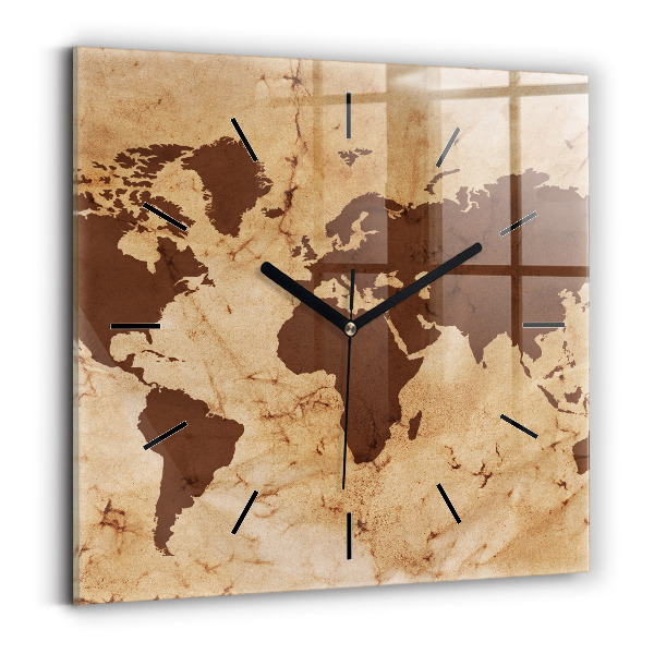 Square glass wall clock Vintage world map