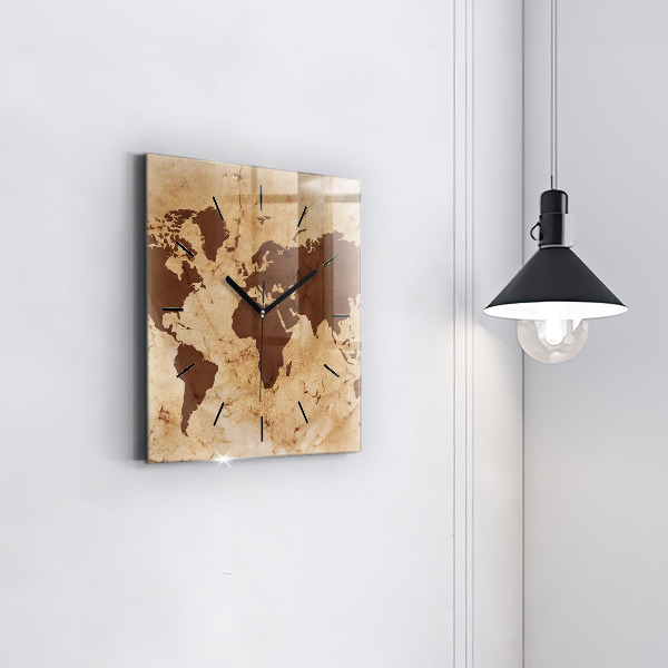 Square glass wall clock Vintage world map