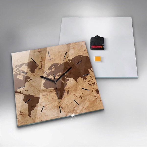 Square glass wall clock Vintage world map