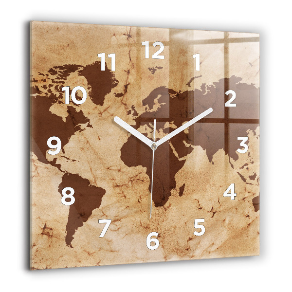 Square glass wall clock Vintage world map
