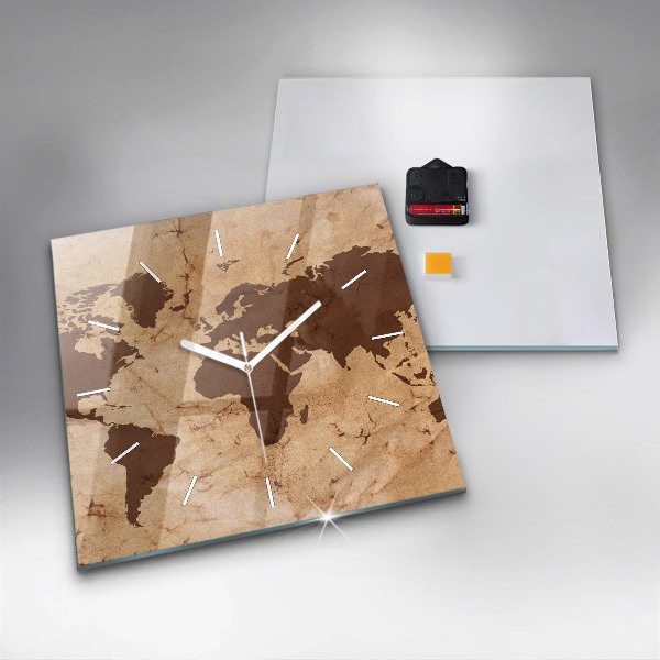 Square glass wall clock Vintage world map