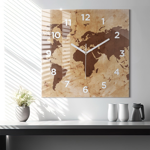 Square glass wall clock Vintage world map