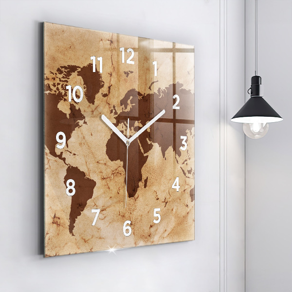 Square glass wall clock Vintage world map