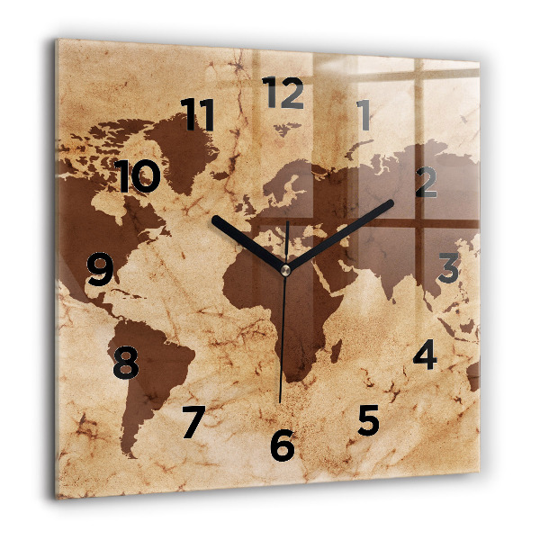 Square glass wall clock Vintage world map