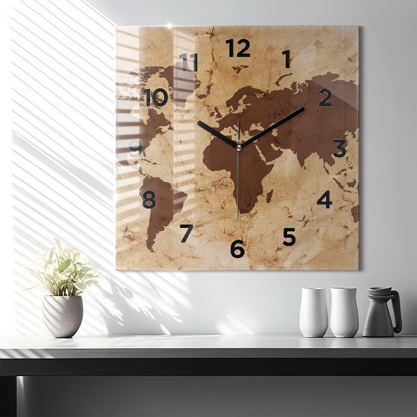 Square glass wall clock Vintage world map