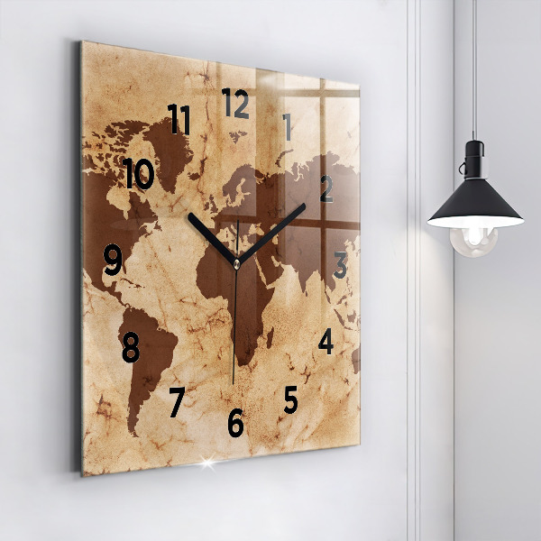 Square glass wall clock Vintage world map