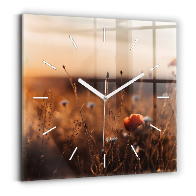 Square glass wall clock Field sunrise