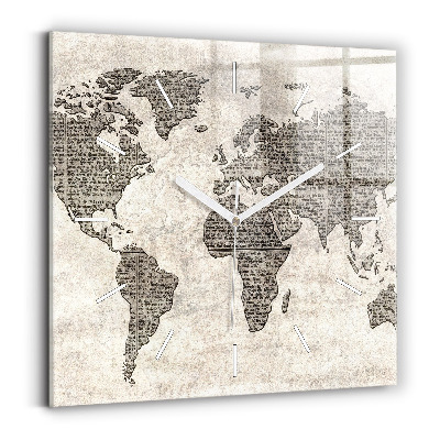 Square glass wall clock World map newspaper