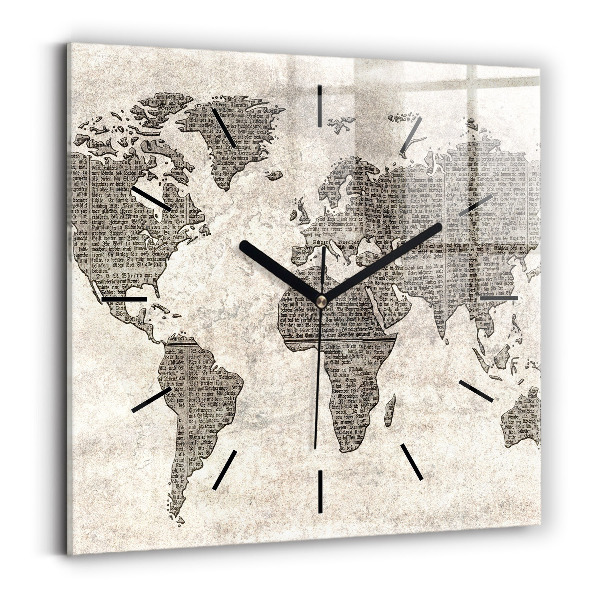 Square glass wall clock World map newspaper