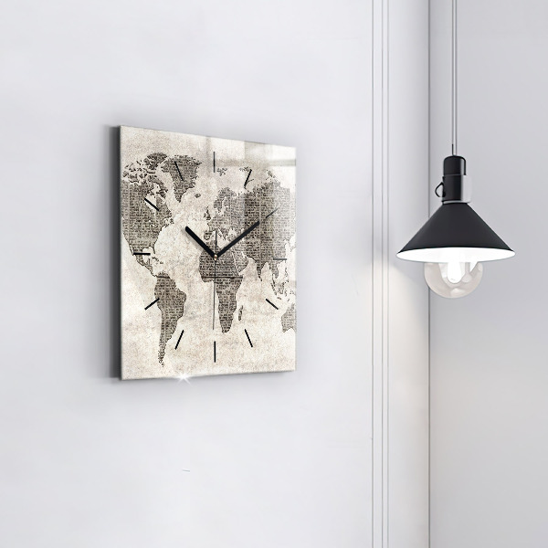 Square glass wall clock World map newspaper