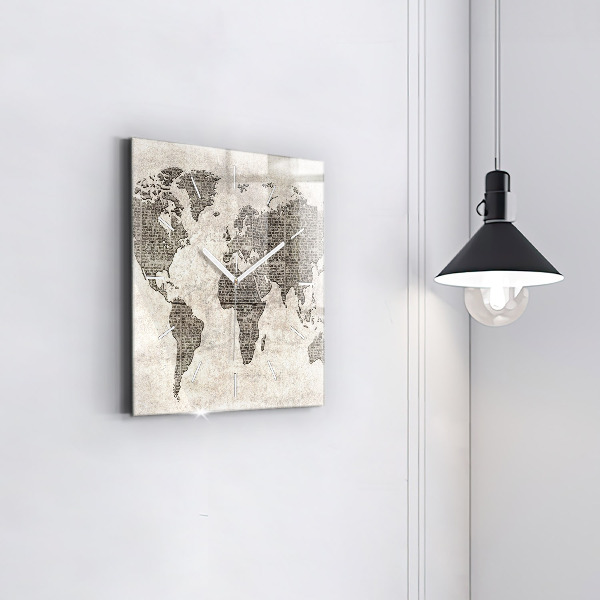 Square glass wall clock World map newspaper