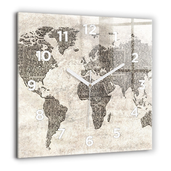 Square glass wall clock World map newspaper
