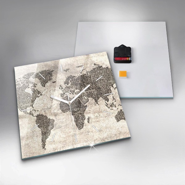 Square glass wall clock World map newspaper