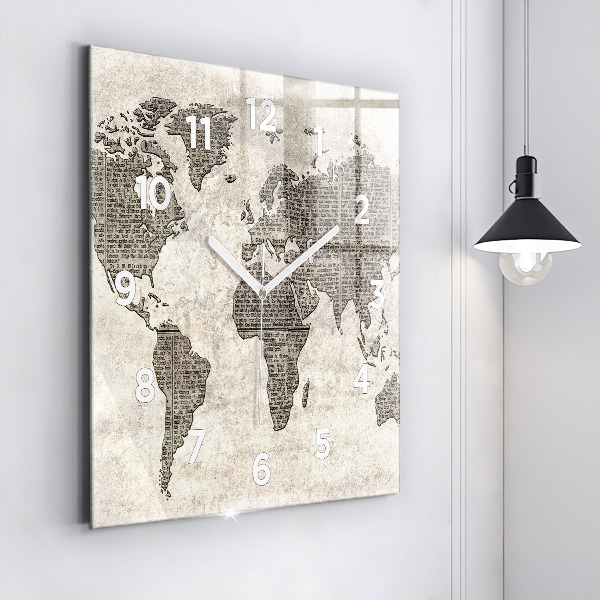 Square glass wall clock World map newspaper