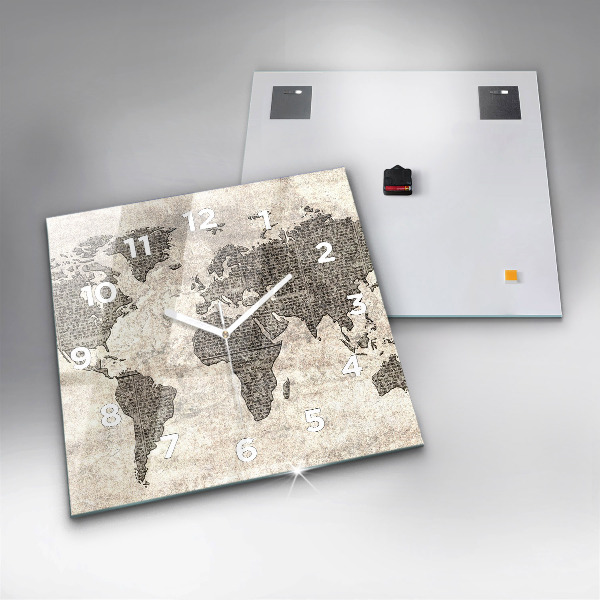 Square glass wall clock World map newspaper